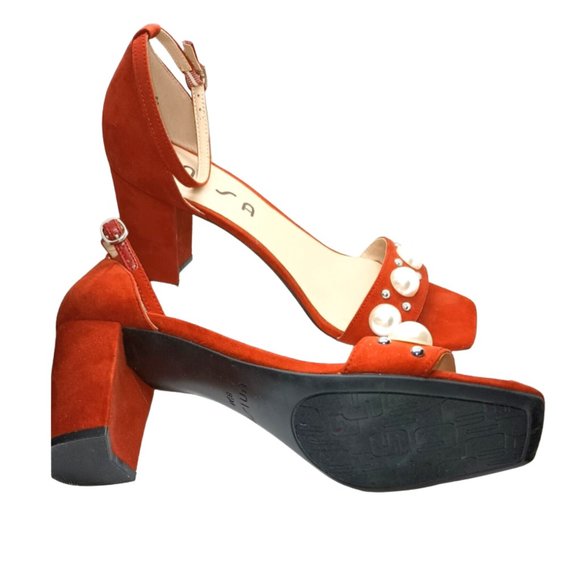 Unisa Red Shoes Open Toe with Faux Pearls and Studs Size 8.5 - Picture 2 of 3